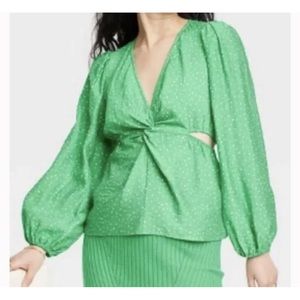 A New Day Green White Polka Dot Puff Sleeve Twist Front Cut Out Blouse Holiday